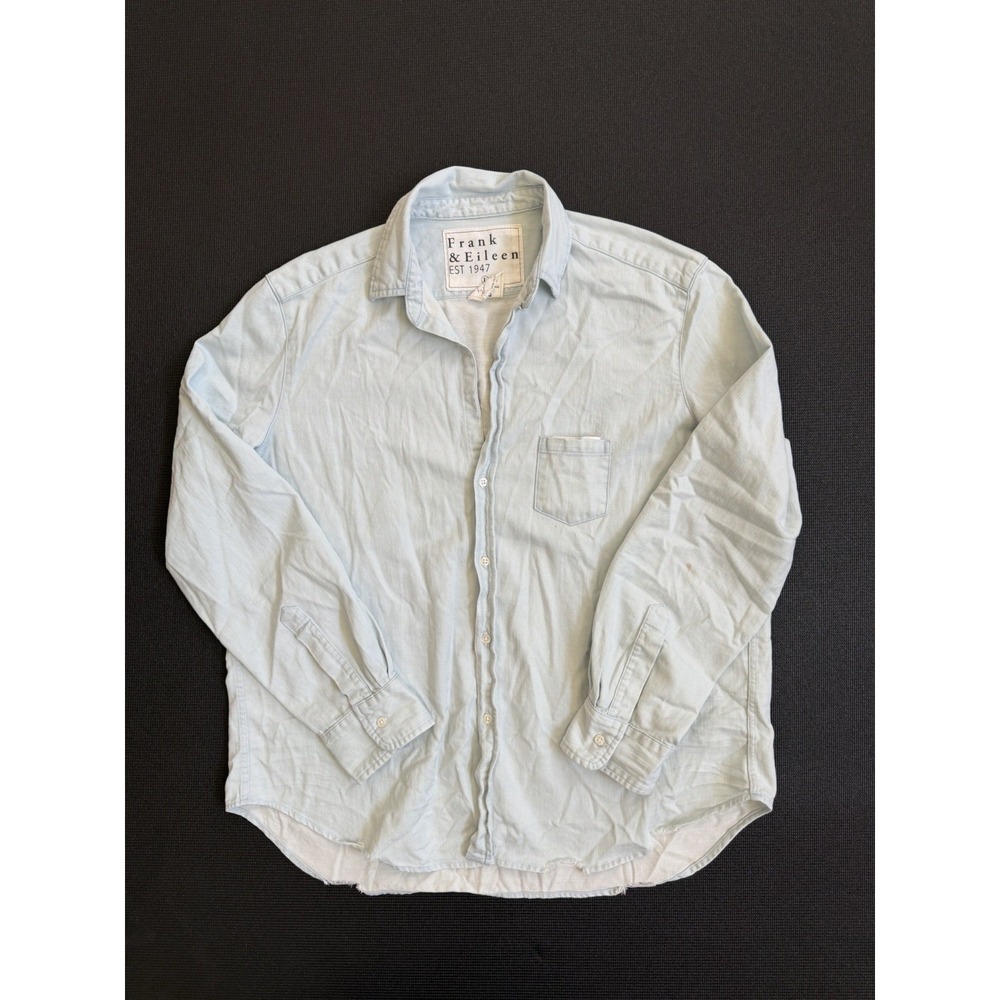 Frank & Eileen Shirt Womens L Blue Distressed Button Up Made USA